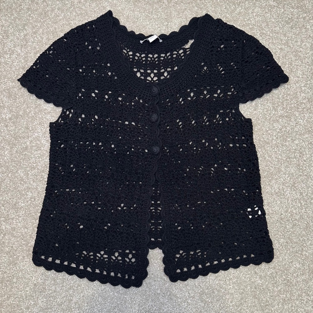 90s Black Woven Sweater tee Preppy y2k Dressbarn Crochet Top Cotton Boho Large